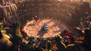Movie still from “Toy Story That Time Forgot” (2014), directed by Steve Purcell – An image of an animated scene of a game; Extreme Wide shot, High angle