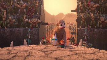 Movie still from “Toy Story That Time Forgot” (2014), directed by Steve Purcell – A monkey and a penguin in a desert; Wide shot, High angle