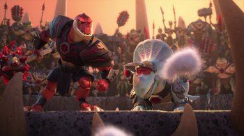 Movie still from “Toy Story That Time Forgot” (2014), directed by Steve Purcell – Two cartoon characters are fighting in a field; Wide shot, Low angle