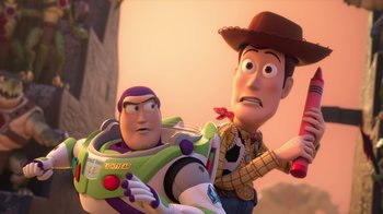 Movie still from “Toy Story That Time Forgot” (2014), directed by Steve Purcell – Two toy story characters are standing next to each other; Medium shot, Over the shoulder angle