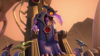 Movie still from “Toy Story That Time Forgot” (2014), directed by Steve Purcell – An animated character sitting on top of a chair; Medium shot, Low angle