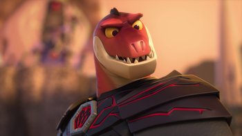 Movie still from “Toy Story That Time Forgot” (2014), directed by Steve Purcell – A character's face in a cartoon; Medium shot, Low angle