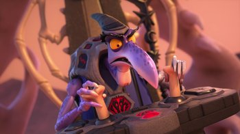 Movie still from “Toy Story That Time Forgot” (2014), directed by Steve Purcell – A cartoon character with an evil look on his face; Medium shot, Over the shoulder angle