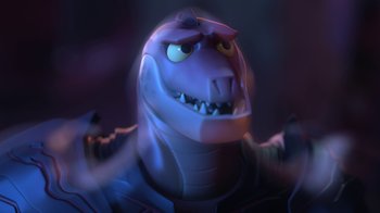 Movie still from “Toy Story That Time Forgot” (2014), directed by Steve Purcell – The head of a cartoon character; Close Up shot, High angle
