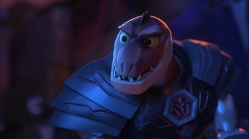 Movie still from “Toy Story That Time Forgot” (2014), directed by Steve Purcell – A character from a video game; Close Up shot, High angle