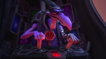 Movie still from “Toy Story That Time Forgot” (2014), directed by Steve Purcell – A demonic looking creature sitting on top of a table; Medium shot, High angle