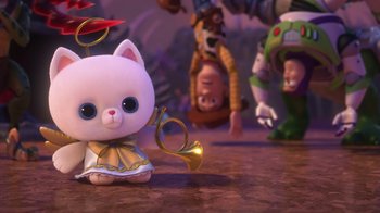 Movie still from “Toy Story That Time Forgot” (2014), directed by Steve Purcell – A white cat with a yellow dress and a trumpet in front of a group of toy story characters; Close Up shot, High angle