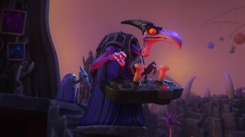 Movie still from “Toy Story That Time Forgot” (2014), directed by Steve Purcell – A cartoon of a bird sitting on top of a table; Wide shot, Low angle