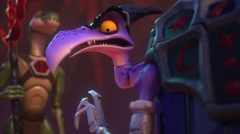 Movie still from “Toy Story That Time Forgot” (2014), directed by Steve Purcell – A purple creature with a red star on it's forehead; Medium shot, Low angle