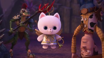 Movie still from “Toy Story That Time Forgot” (2014), directed by Steve Purcell – A stuffed animal is hanging from a string; Medium shot, High angle