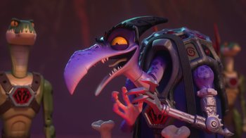 Movie still from “Toy Story That Time Forgot” (2014), directed by Steve Purcell – An image of an animated character with a bird head; Close Up shot, Over the shoulder angle