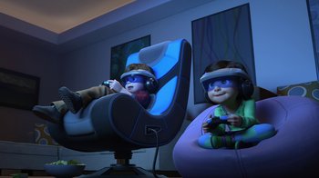 Movie still from “Toy Story That Time Forgot” (2014), directed by Steve Purcell – Two children wearing virtual reality headsets playing a video game; Wide shot, High angle