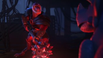 Movie still from “Toy Story That Time Forgot” (2014), directed by Steve Purcell – A toy character is standing next to an object in a dark room; Wide shot, Low angle