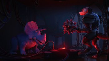 Movie still from “Toy Story That Time Forgot” (2014), directed by Steve Purcell – A toy triceratops is playing with a toy animal; Wide shot, Low angle