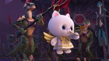 Movie still from “Toy Story That Time Forgot” (2014), directed by Steve Purcell – A stuffed animal is playing a musical instrument; Medium shot, High angle