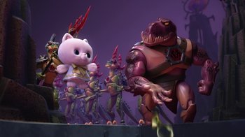 Movie still from “Toy Story That Time Forgot” (2014), directed by Steve Purcell – A group of toy figures in the shape of animals; Wide shot, Low angle