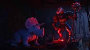 Movie still from “Toy Story That Time Forgot” (2014), directed by Steve Purcell – A dinosaur and a person in a dark room; Wide shot, Low angle