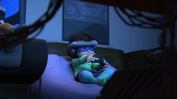 Movie still from “Toy Story That Time Forgot” (2014), directed by Steve Purcell – A baby sitting on a couch playing a video game; Medium shot, High angle