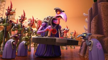 Movie still from “Toy Story That Time Forgot” (2014), directed by Steve Purcell – A group of figurines of characters from a video game; Wide shot, Low angle