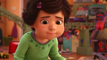 Movie still from “Toy Story That Time Forgot” (2014), directed by Steve Purcell – A young girl is looking at the camera; Close Up shot, High angle