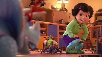 Movie still from “Toy Story That Time Forgot” (2014), directed by Steve Purcell – Two children are playing with toys in a living room; Wide shot, Over the shoulder angle