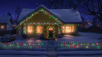 Movie still from “Toy Story That Time Forgot” (2014), directed by Steve Purcell – A house decorated for the christmas holidays with lights; Extreme Wide shot, High angle