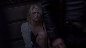 Movie still from “Trapped” (2002), directed by Luis Mandoki – A woman sitting on the ground in a dark room; Medium shot, Over the shoulder angle