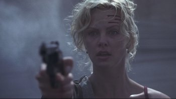 Movie still from “Trapped” (2002), directed by Luis Mandoki – Charlize theron in a scene from the movie prometheus; Close Up shot, Low angle