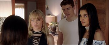 Movie still from “Truth or Dare” (2018), directed by Jeff Wadlow – A man and a woman standing next to each other in a room; Medium shot, Over the shoulder angle