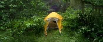 Movie still from “Annihilation” (2018), directed by Alex Garland – A tent in the middle of a forest; Extreme Wide shot, High angle