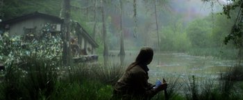 Movie still from “Annihilation” (2018), directed by Alex Garland – A person sitting in the grass near a body of water; Wide shot, Over the shoulder angle