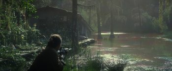 Movie still from “Annihilation” (2018), directed by Alex Garland – A man is standing in the water in front of a house; Extreme Wide shot, Over the shoulder angle