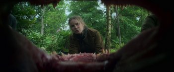 Movie still from “Annihilation” (2018), directed by Alex Garland – A woman looking into a mirror in a forest; Close Up shot, Low angle