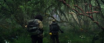 Movie still from “Annihilation” (2018), directed by Alex Garland – A couple of people that are in the woods; Wide shot, Low angle