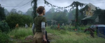 Movie still from “Annihilation” (2018), directed by Alex Garland – A woman standing in front of a group of wild animals; Medium shot, Over the shoulder angle