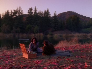 Movie still from “Twin Peaks” (1990), created by David Lynch – Two people sitting on the ground near a body of water; Extreme Wide shot, High angle
