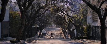 Movie still from “Anonymously Yours” (2021), directed by Maria Torres – A person walking down a street under a tree; Extreme Wide shot, Low angle