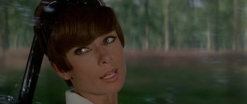 Movie still from “Two for the Road” (1967), directed by Stanley Donen – A person with short brown hair; Close Up shot, Over the shoulder angle