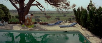 Movie still from “Two for the Road” (1967), directed by Stanley Donen – An outdoor pool with a view of a field and a tree; Extreme Wide shot, High angle