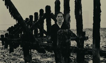 Movie still from “Ulysse” (1983), directed by Agnès Varda – A man standing next to a wooden fence; Medium shot, Low angle