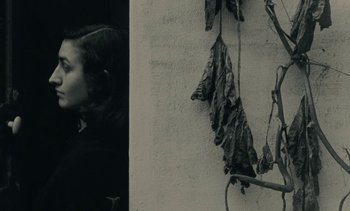 Movie still from “Ulysse” (1983), directed by Agnès Varda – A black - and - white photo of a woman's face next to a wall; Extreme Close Up shot, High angle