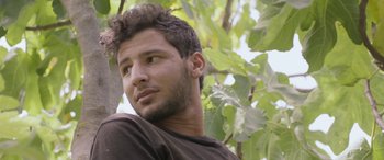 Movie still from “Under the Fig Trees” (2021), directed by Erige Sehiri – A person with a tree in the background; Close Up shot, Low angle