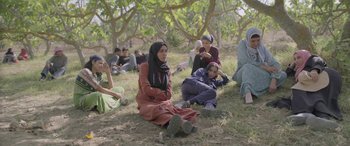 Movie still from “Under the Fig Trees” (2021), directed by Erige Sehiri – A group of people sitting on the ground in the grass; Wide shot, High angle