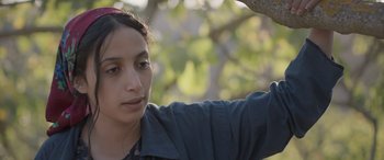 Movie still from “Under the Fig Trees” (2021), directed by Erige Sehiri – A young woman leaning against a tree branch; Close Up shot, Over the shoulder angle