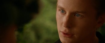 Movie still from “Under the Sun” (1998), directed by Colin Nutley – A man's face in front of a green background; Close Up shot, Over the shoulder angle