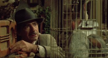 Movie still from “Underground” (1995), directed by Emir Kusturica – A man wearing a hat sitting in front of a bird cage; Close Up shot, Over the shoulder angle