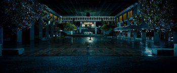 Movie still from “Underworld: Awakening” (2012), directed by Björn Stein – An empty building at night with lights on the ceiling; Extreme Wide shot, High angle