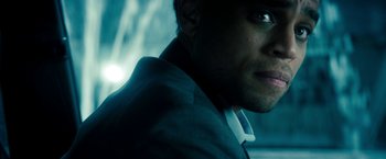 Movie still from “Underworld: Awakening” (2012), directed by Björn Stein – A man's face in the dark; Close Up shot, Over the shoulder angle