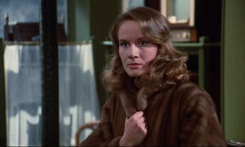 Movie still from “A Room in Town” (1982), directed by Jacques Demy – A woman in a brown fur coat posing for a picture; Close Up shot, Over the shoulder angle