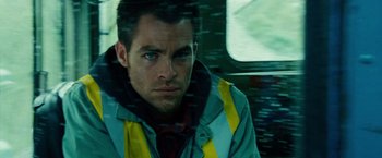 Movie still from “Unstoppable” (2010), directed by Tony Scott – A person wearing a jacket; Close Up shot, Low angle